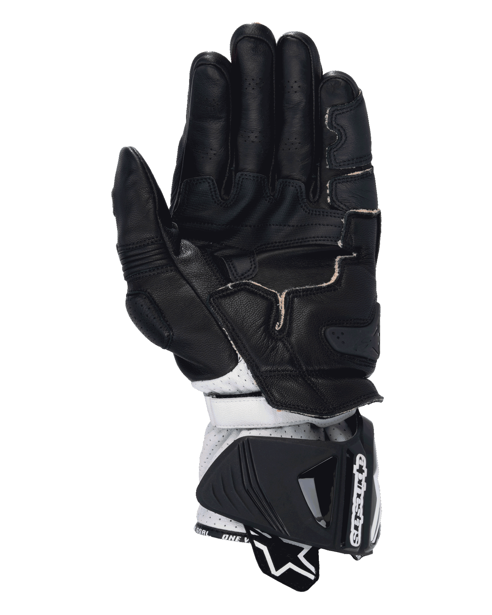 Alpinestars GP Pro R4 Handschoenen, racing motorhandschoenen, zwart rood fluo wit, handpalmweergave met zwarte lederen constructie, geperforeerde vingers, gripverstevigingen en wit lederen polsgedeelte met een grote beschermende manchet.