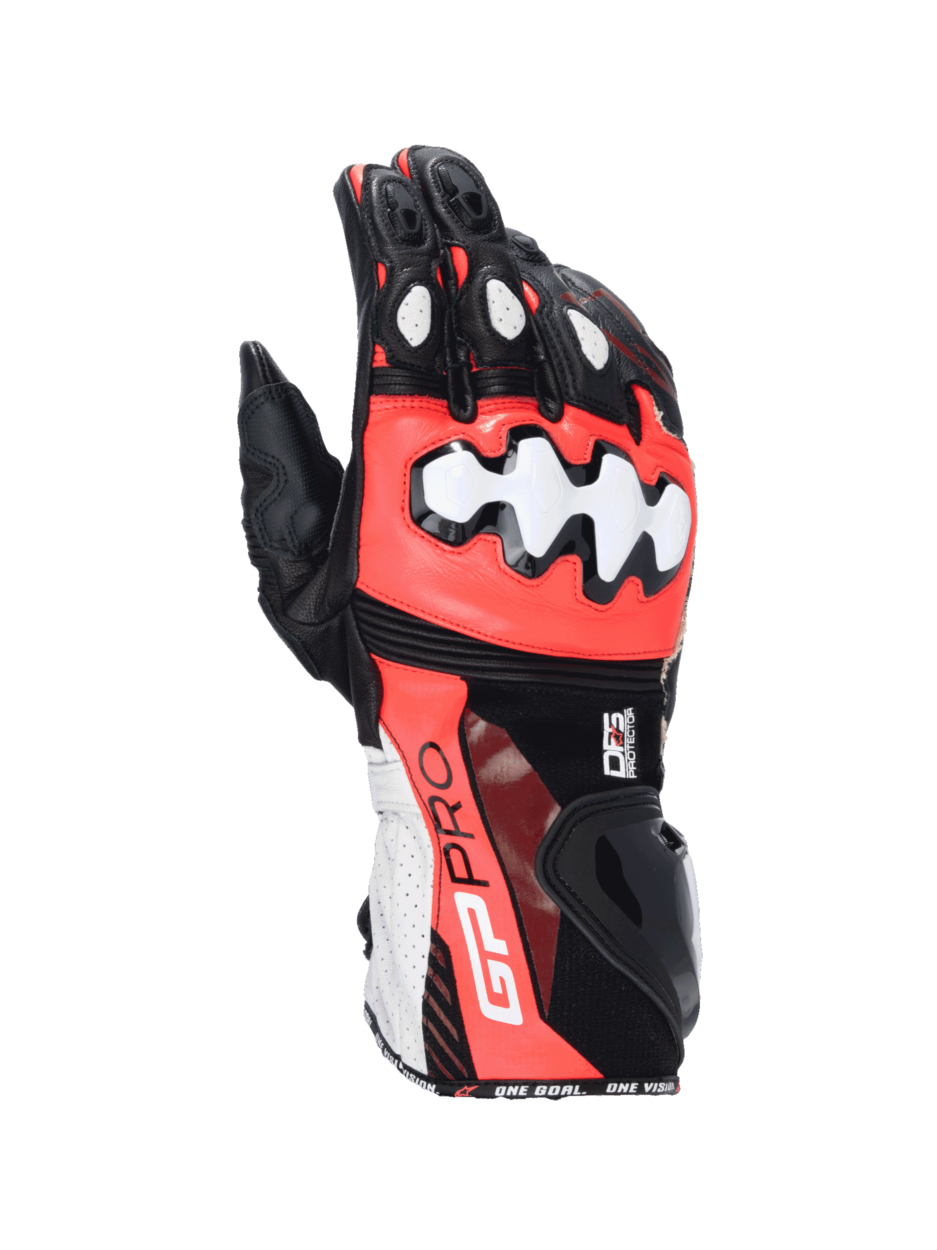 Alpinestars GP Pro R4 handschoenen, race-motorhandschoenen in zwart, rood en wit leer met DFS knokkelbescherming.