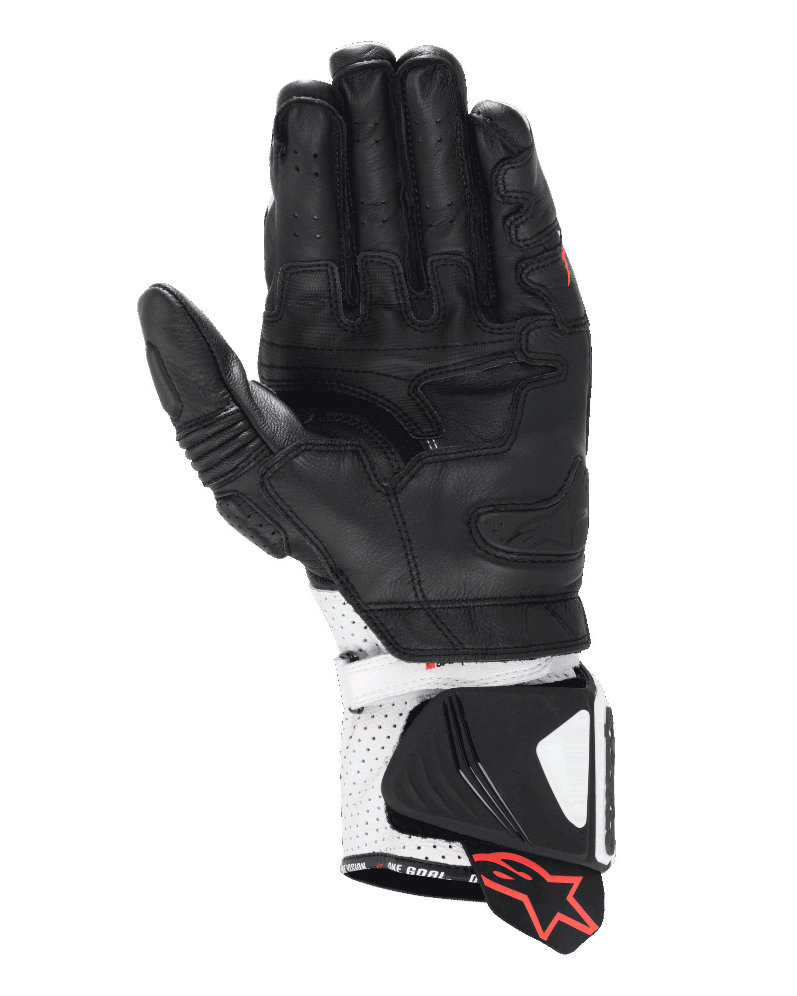 Gants Alpinestars GP Pro R4, gants de course, noir et blanc, vue côté paume montrant une construction en cuir haute performance, manchette perforée avec curseurs rigides et accents de logo rouges