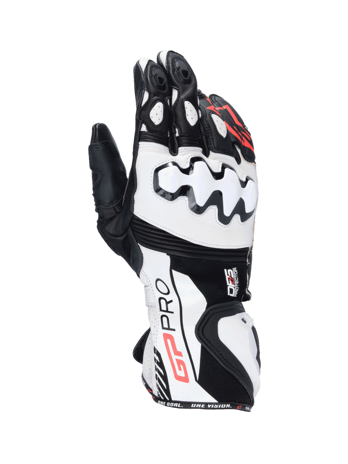 Alpinestars GP Pro R4, gants de moto de course en cuir noirs et blancs avec protection des articulations DFS.