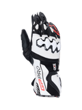 Alpinestars GP Pro R4 motorracinghandschoenen in zwart en wit leer met DFS-knokkelbescherming en gauntletmanchet.