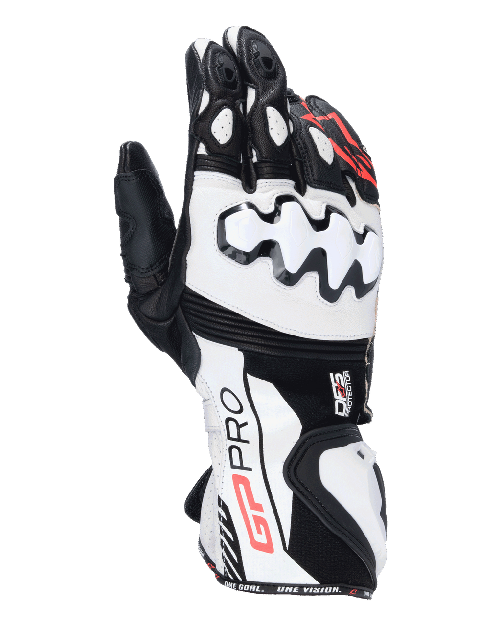 Gants Alpinestars GP Pro R4, gants de course moto à manchette, noir, blanc et rouge, avec protections d'articulations DFS blanches, construction en cuir de première qualité et design haute performance pour la piste