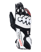 Gants Alpinestars GP Pro R4, gants de course moto à manchette, noir, blanc et rouge, avec protections d'articulations DFS blanches, construction en cuir de première qualité et design haute performance pour la piste