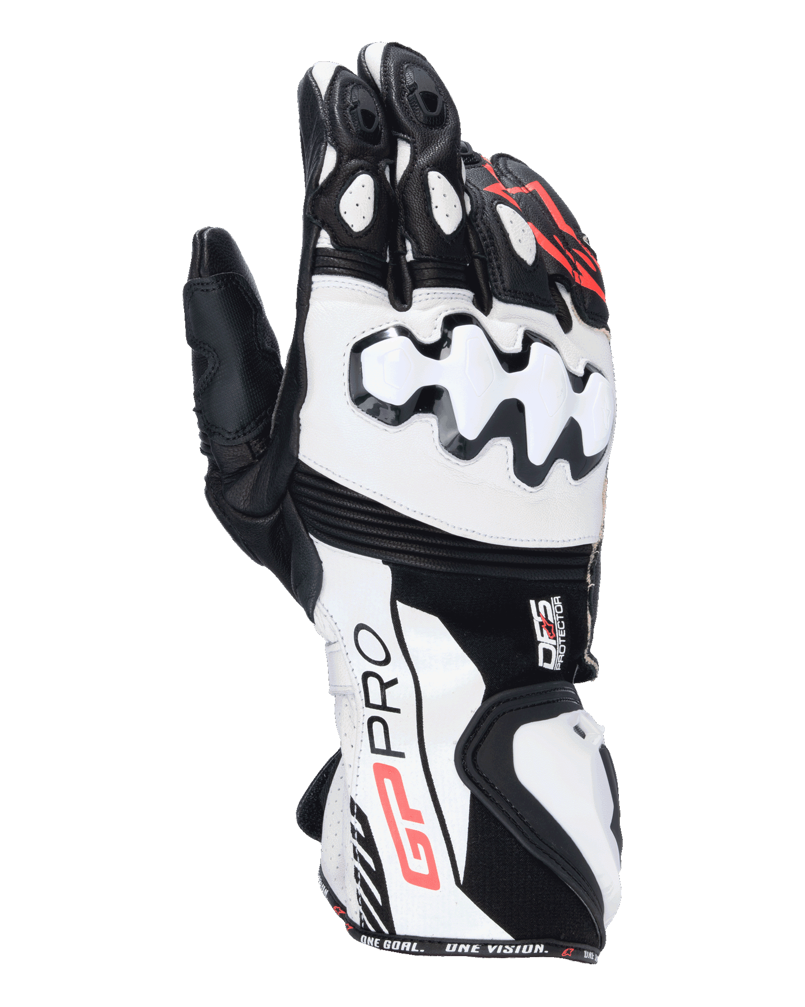 Gants Alpinestars GP Pro R4, gants de course moto à manchette, noir, blanc et rouge, avec protections d'articulations DFS blanches, construction en cuir de première qualité et design haute performance pour la piste