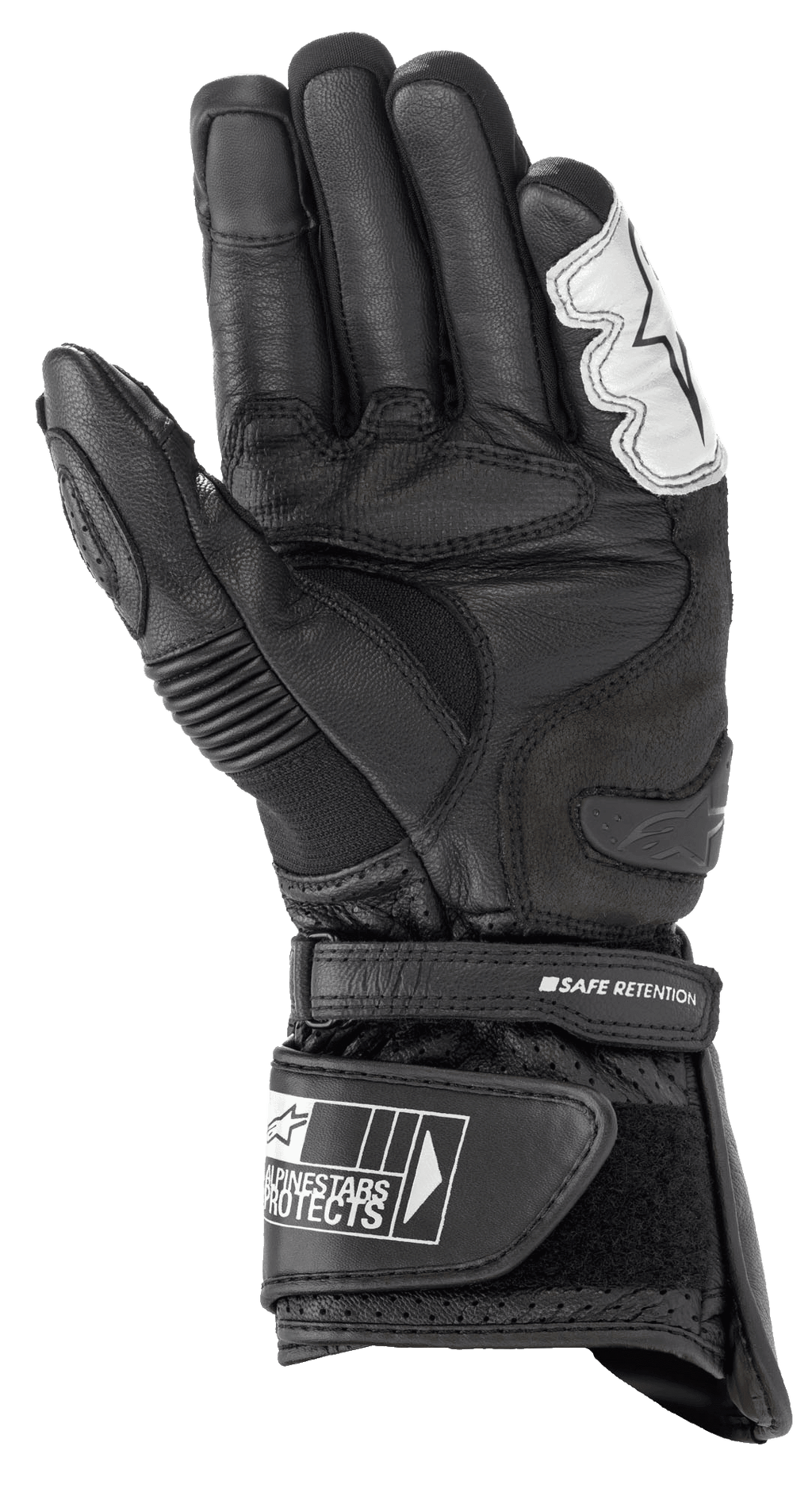 Gants Alpinestars SP-2 V3, gants de moto de route, noir et blanc, vue de la paume présentant une construction en cuir pleine fleur, un slider de paume en TPU et une manchette ajustable avec sangle Safe Retention et logo Alpinestars