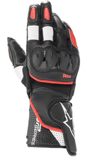 Gants Alpinestars SP-2 V3, gants de course moto, noirs avec accents blancs et rouge vif, protection des articulations rigide en TPU, cuir perforé sur la manchette, soufflets d'aisance blancs sur les doigts, marquage GP Series
