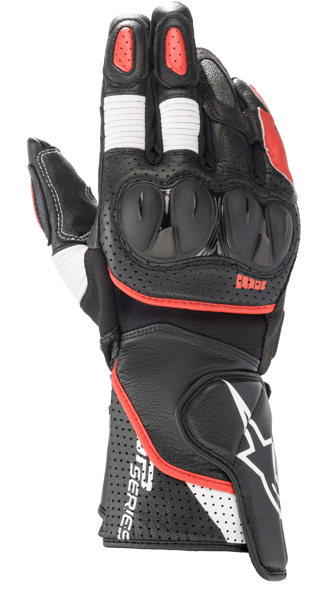 Alpinestars SP-2 V3 Handschuhe, Motorrad-Rennsport-Handschuhe, Schwarz mit weißen und leuchtend roten Akzenten, harter TPU-Knöchelschutz, perforierte Lederkonstruktion an der Stulpe, weiße Akkordeon-Stretch-Einsätze an den Fingern und markantes GP Series Branding.