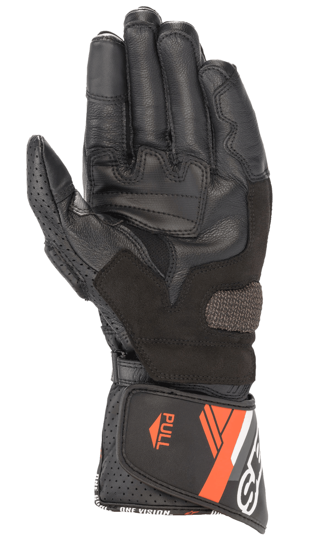 Alpinestars SP-8 V3 leren handschoen, motorhandschoen, zwart en rood fluo, handpalmweergave met versterkte grippanelen, geperforeerde leren duim en verstelbare manchet met oranje accenten en "ONE GOAL ONE VISION" branding