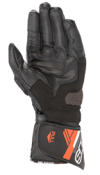 Alpinestars SP-8 V3 leren handschoen, motorhandschoen, zwart en rood fluo, handpalmweergave met versterkte grippanelen, geperforeerde leren duim en verstelbare manchet met oranje accenten en "ONE GOAL ONE VISION" branding