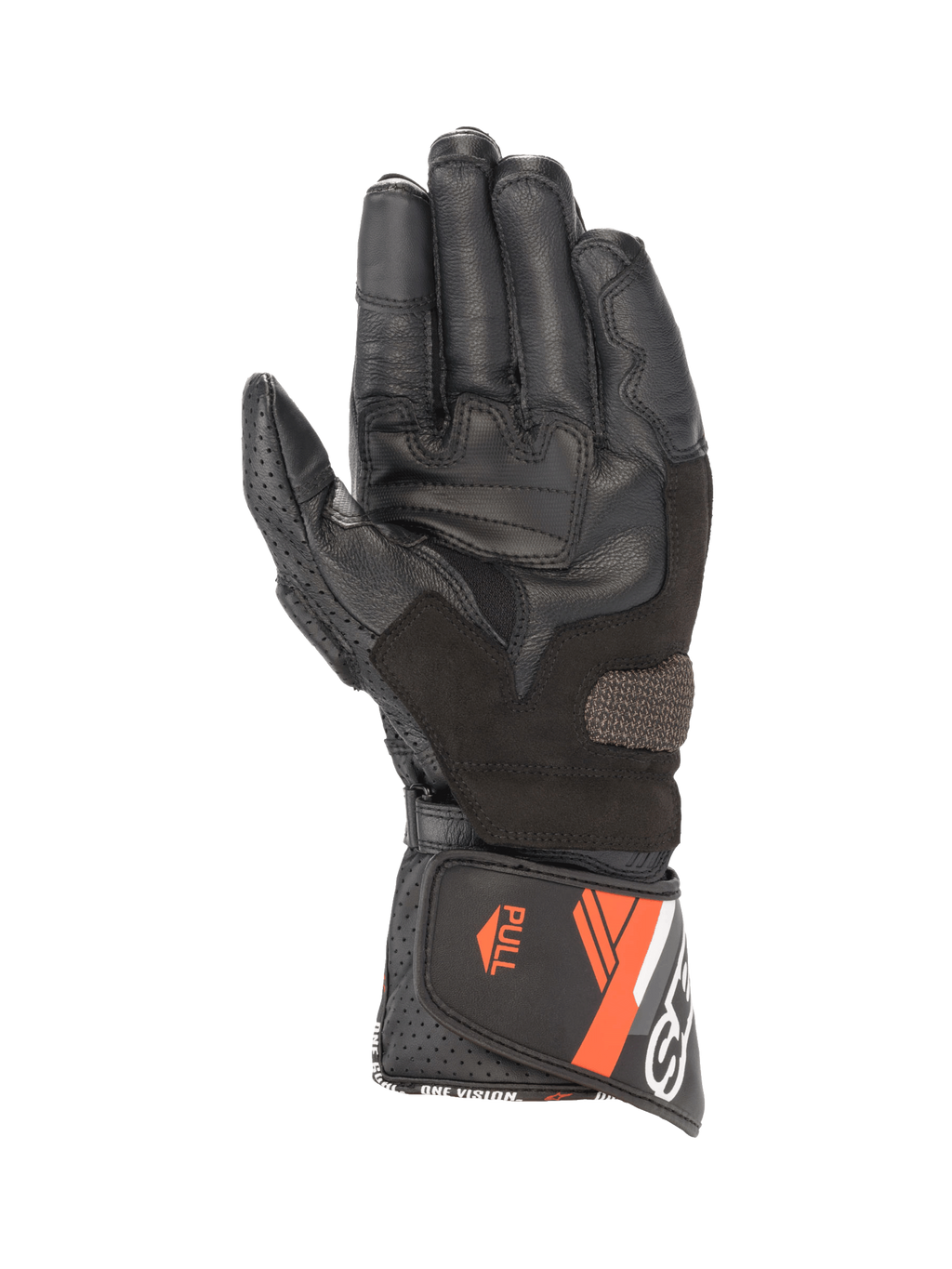 Alpinestars SP-8 V3, gants de moto en cuir pour homme, noirs et rouge fluo, vue de la paume avec inserts de grip.