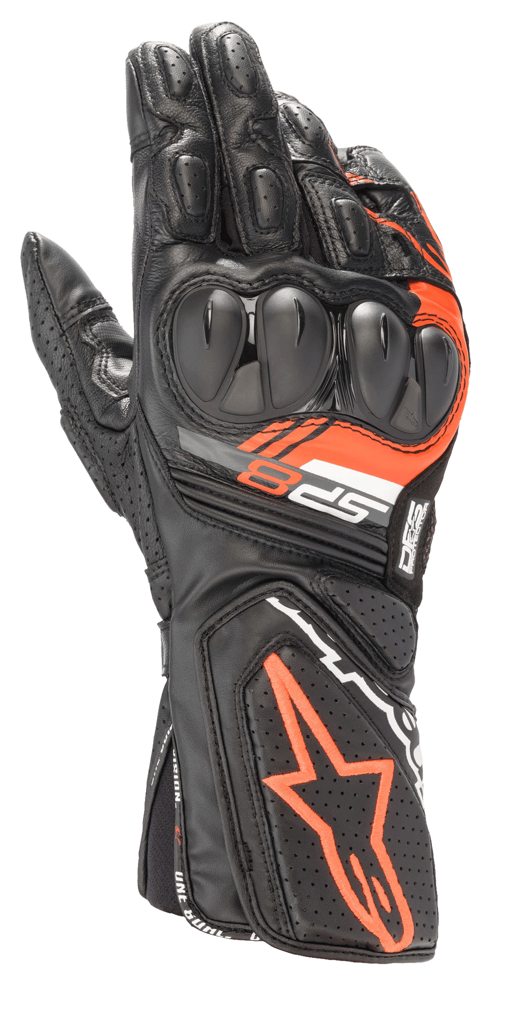 Alpinestars SP-8 V3 handschoenen, leren motorracinghandschoenen, zwart en fluo rood, voorzien van versterkte dual-density knokkelbescherming, geperforeerde leren panelen en SP-8 branding, sportief performance design