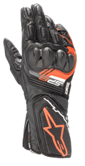 Alpinestars SP-8 V3 handschoenen, leren motorracinghandschoenen, zwart en fluo rood, voorzien van versterkte dual-density knokkelbescherming, geperforeerde leren panelen en SP-8 branding, sportief performance design