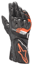 Alpinestars SP-8 V3 handschoenen, leren motorracinghandschoenen, zwart en fluo rood, voorzien van versterkte dual-density knokkelbescherming, geperforeerde leren panelen en SP-8 branding, sportief performance design