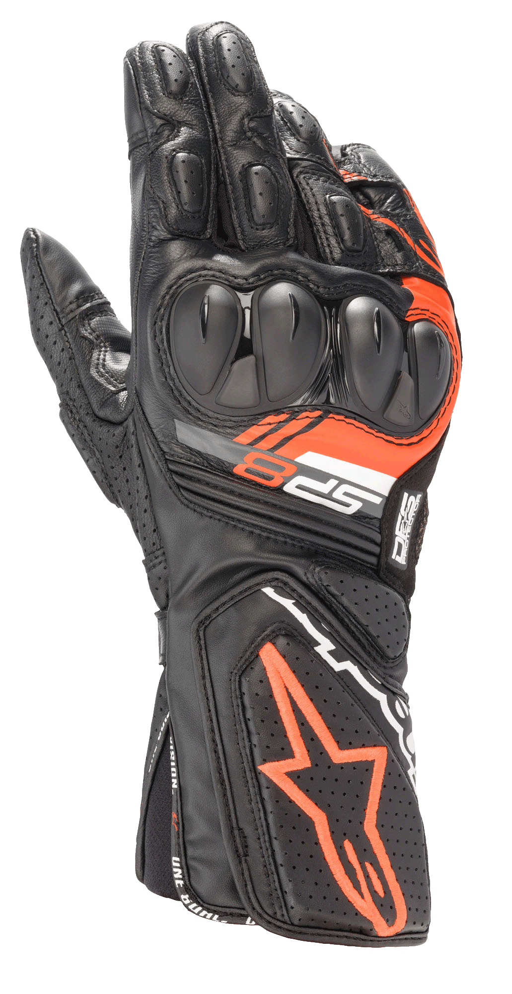 Alpinestars SP-8 V3 handschoenen, leren motorracinghandschoenen, zwart en fluo rood, voorzien van versterkte dual-density knokkelbescherming, geperforeerde leren panelen en SP-8 branding, sportief performance design