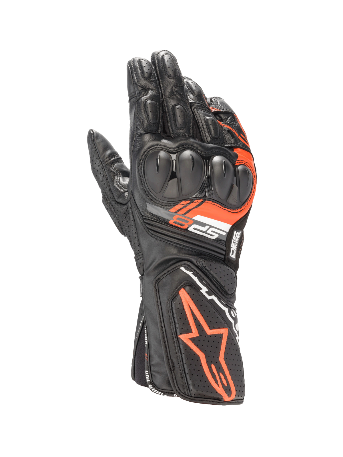 Alpinestars SP-8 V3 Leather Gloves in Black and Red Fluo, motorcycle racing gloves with dual-density knuckle protection.