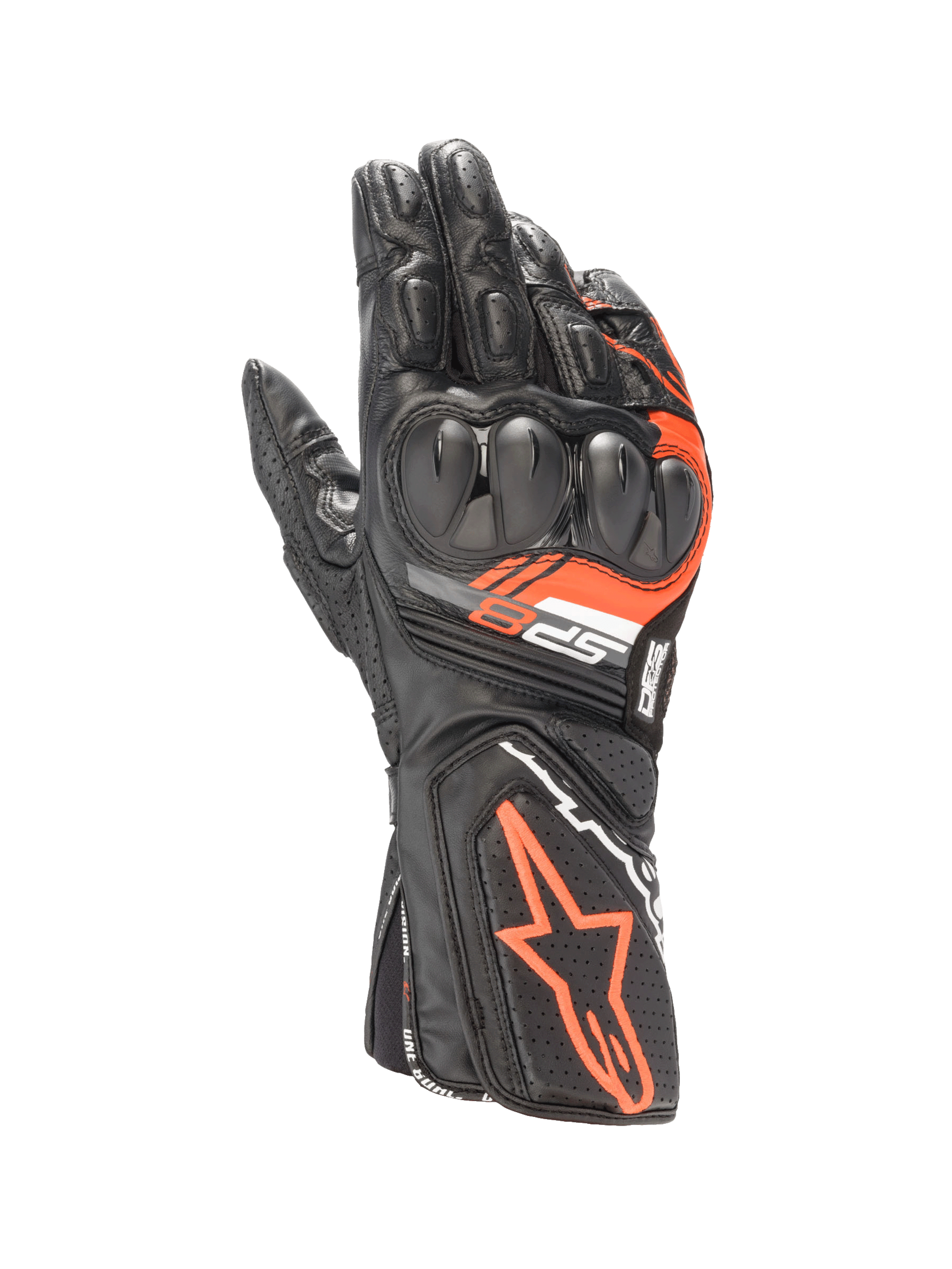 Alpinestars SP-8 V3 lederen motorhandschoenen in zwart en rood fluo met dual-density knokkelbescherming.