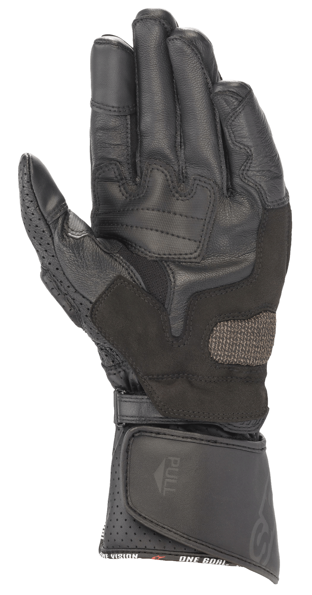Gants en cuir Alpinestars SP-8 V3, Noir Noir, vue de la paume montrant les inserts de préhension renforcés, le pouce perforé et la fermeture de manchette réglable par bande auto-agrippante, protection de course moto haute performance