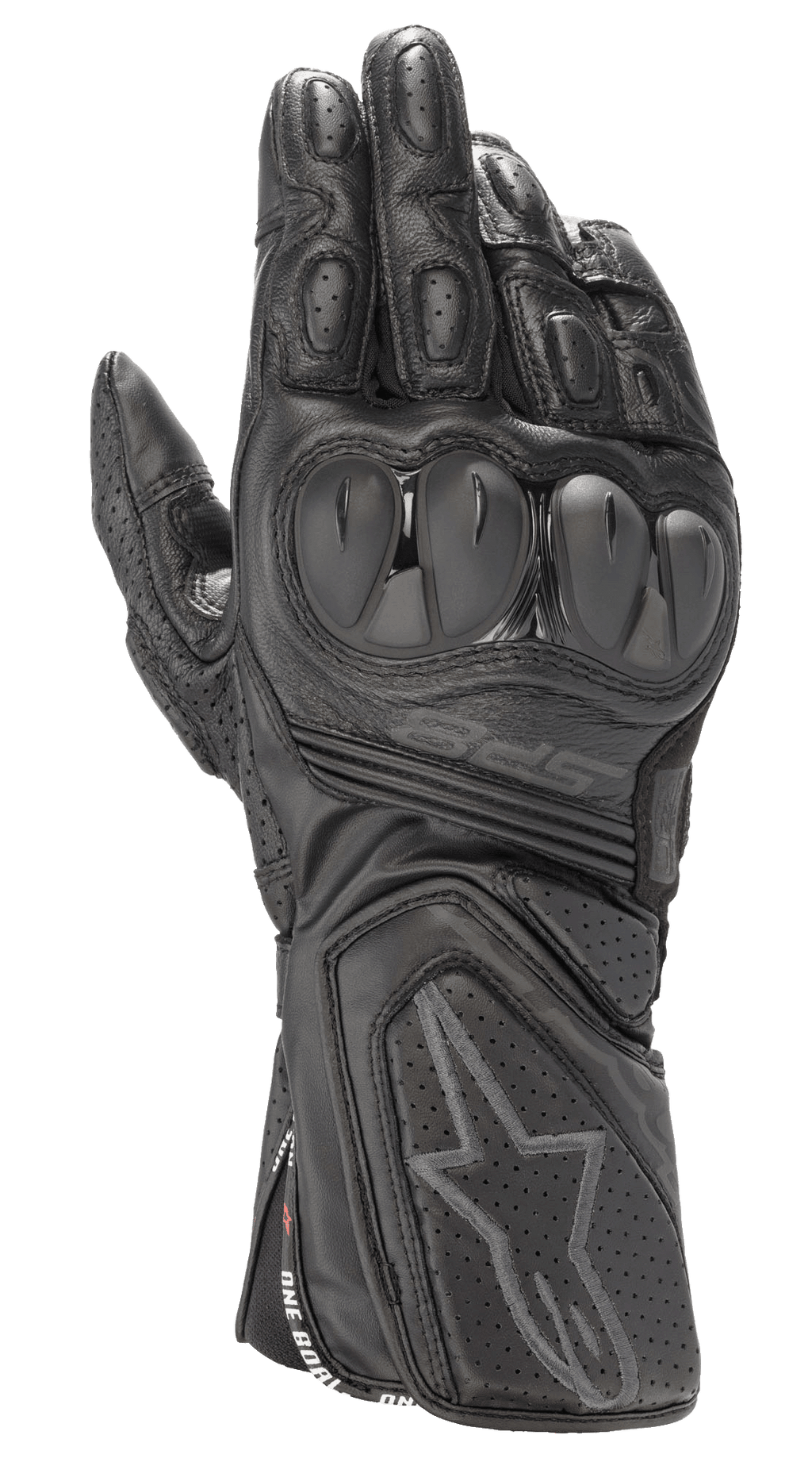 Alpinestars SP-8 V3, gants de moto racing en cuir noir, tout noir, protections de jointures double densité, empiècements en cuir perforé, manchette sécurisée avec logo étoile embossé et marquage SP-8