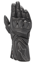 Alpinestars SP-8 V3, gants de moto racing en cuir noir, tout noir, protections de jointures double densité, empiècements en cuir perforé, manchette sécurisée avec logo étoile embossé et marquage SP-8