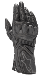 Alpinestars SP-8 V3, gants de moto racing en cuir noir, tout noir, protections de jointures double densité, empiècements en cuir perforé, manchette sécurisée avec logo étoile embossé et marquage SP-8
