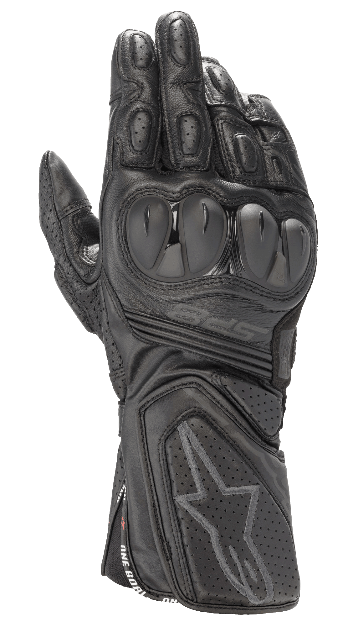 Alpinestars SP-8 V3, gants de moto racing en cuir noir, tout noir, protections de jointures double densité, empiècements en cuir perforé, manchette sécurisée avec logo étoile embossé et marquage SP-8