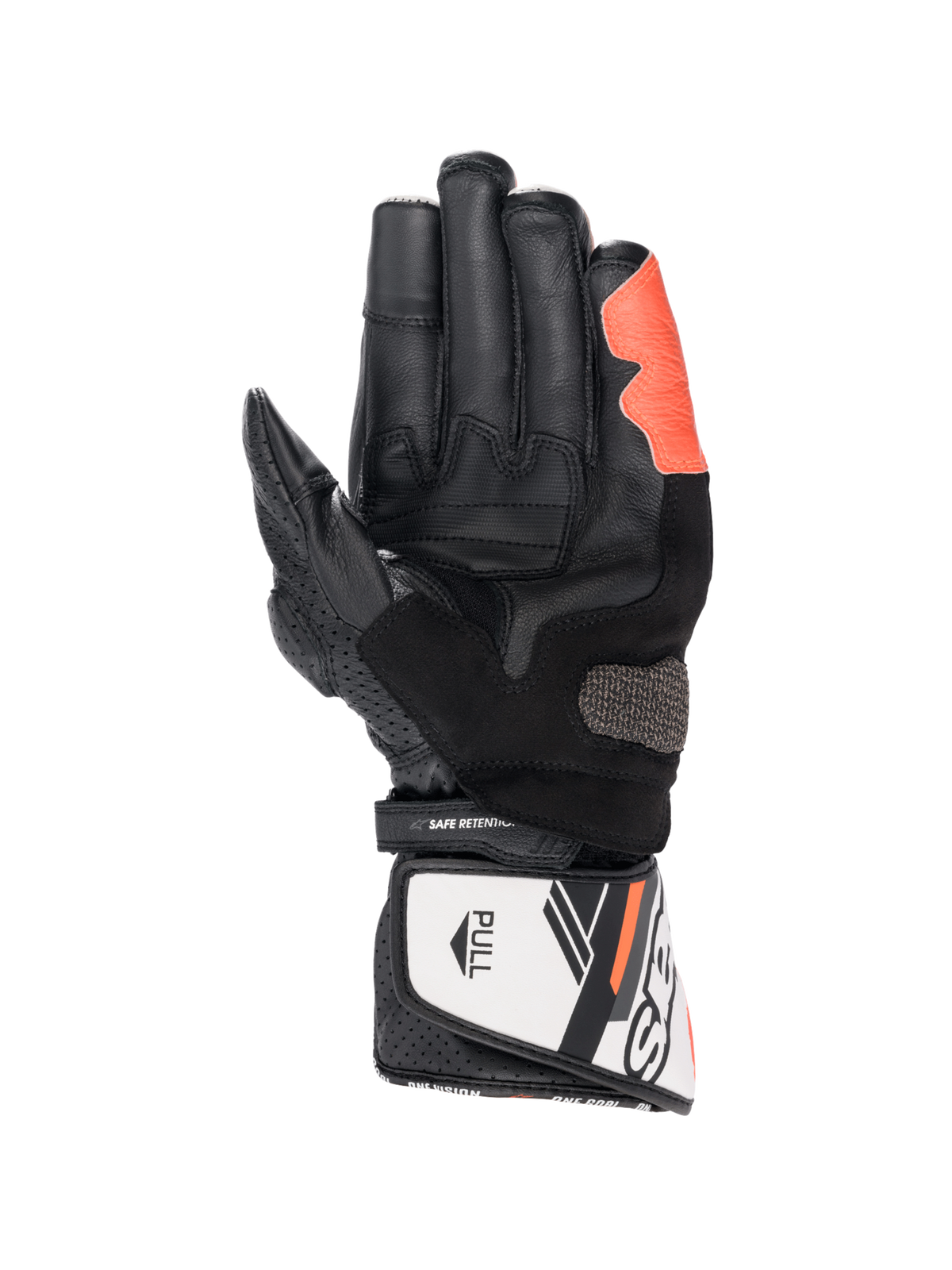 Alpinestars SP-8 V3 motorhandschoenen, zwart, wit en rood fluo, lederen constructie met Arshield-slider, handpalmaanzicht.
