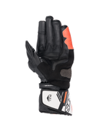 Gants Alpinestars SP-8 V3, gants de moto homme en cuir noirs, blancs et rouge fluo, vue paume et slider Arshield.