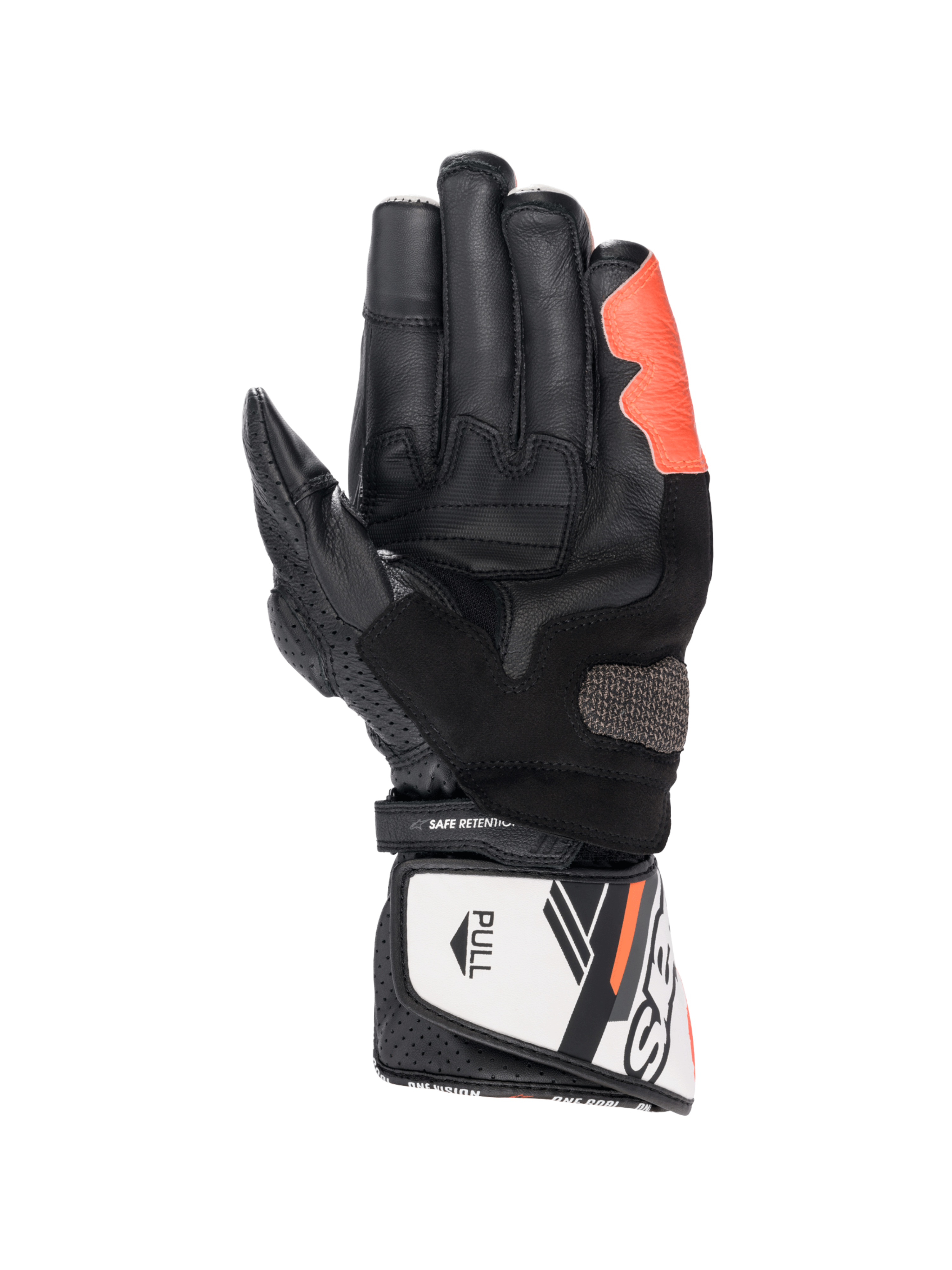 Gants Alpinestars SP-8 V3, gants de moto homme en cuir noirs, blancs et rouge fluo, vue paume et slider Arshield.