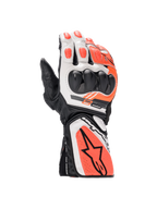 Gants Alpinestars SP-8 V3, gants de moto pour course, noir, blanc et rouge fluo, coque de protection SP double densité, construction en cuir de chèvre premium