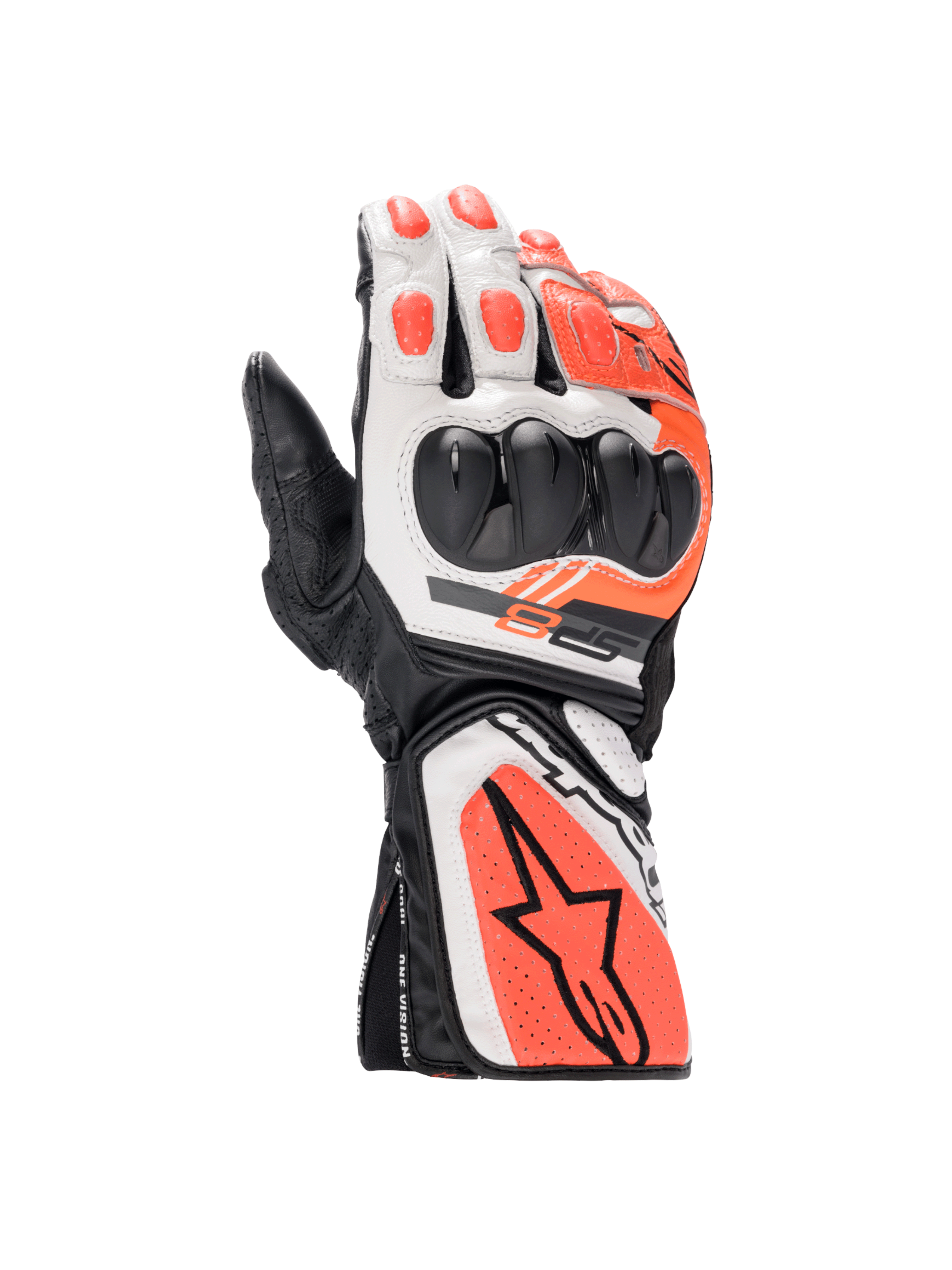 Alpinestars SP-8 V3 motorracinghandschoenen in zwart, wit en rood fluo leer met dubbele dichtheid knokkelbescherming.