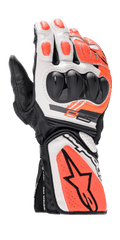 Gants Alpinestars SP-8 V3, gants de course moto, noir, blanc et rouge fluo, avec protection des articulations rigide à double densité, panneaux en cuir perforé, manchette longue avec logo étoile Alpinestars et design sport ergonomique