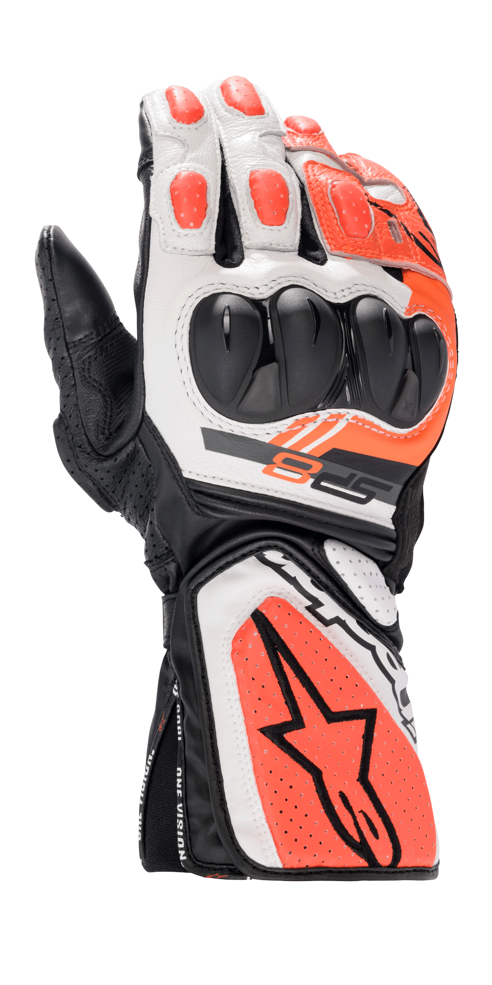 Gants Alpinestars SP-8 V3, gants de course moto, noir, blanc et rouge fluo, avec protection des articulations rigide à double densité, panneaux en cuir perforé, manchette longue avec logo étoile Alpinestars et design sport ergonomique