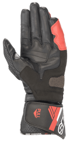 Alpinestars SP-8 V3 Leren Handschoenen, zwart, wit en helderrood, handpalmaanzicht met versterkte leren constructie, gewatteerde grippinzetstukken en een lange manchet met klittenbandsluiting en 'ONE VISION'-branding