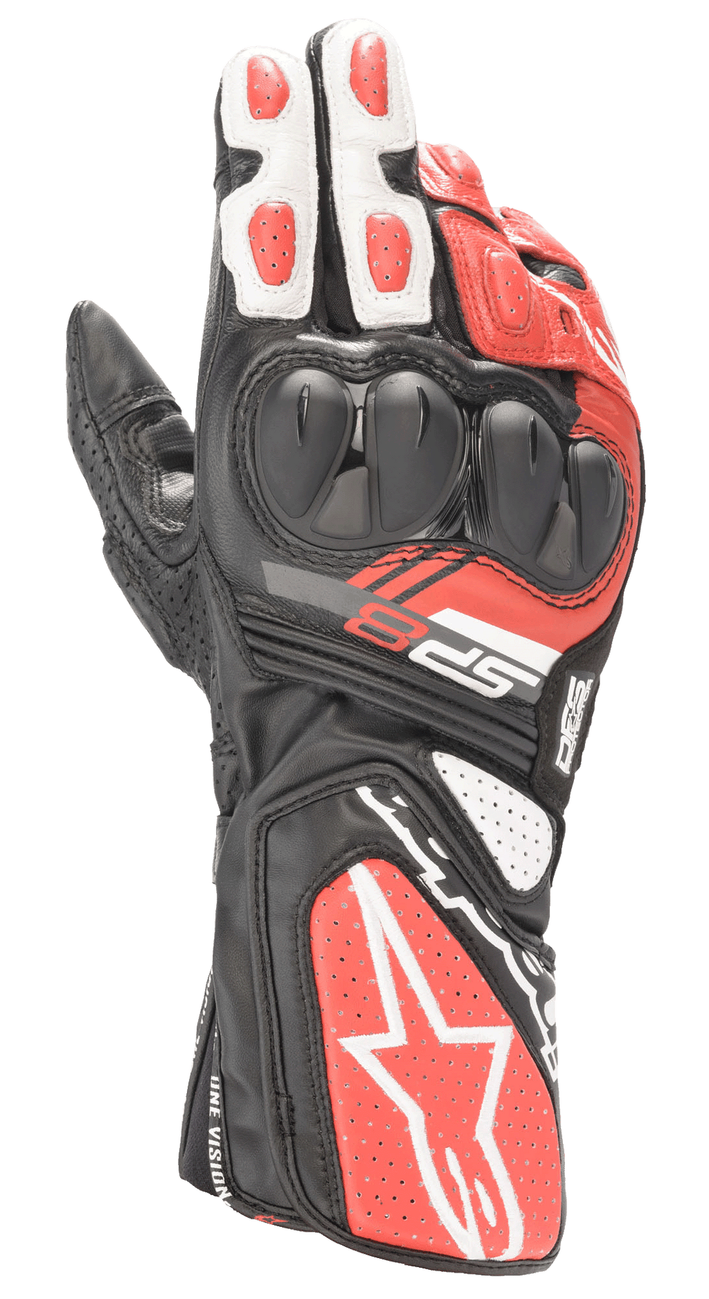 Alpinestars SP-8 V3 handschoenen, motorracehandschoenen, zwart, wit en felrood, met dual-density knokkelbescherming, geperforeerde leren panelen en lange manchet met opvallende Alpinestars-branding, ontworpen voor circuitprestaties en veiligheid op de weg