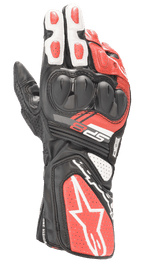 Alpinestars SP-8 V3 handschoenen, motorracehandschoenen, zwart, wit en felrood, met dual-density knokkelbescherming, geperforeerde leren panelen en lange manchet met opvallende Alpinestars-branding, ontworpen voor circuitprestaties en veiligheid op de weg
