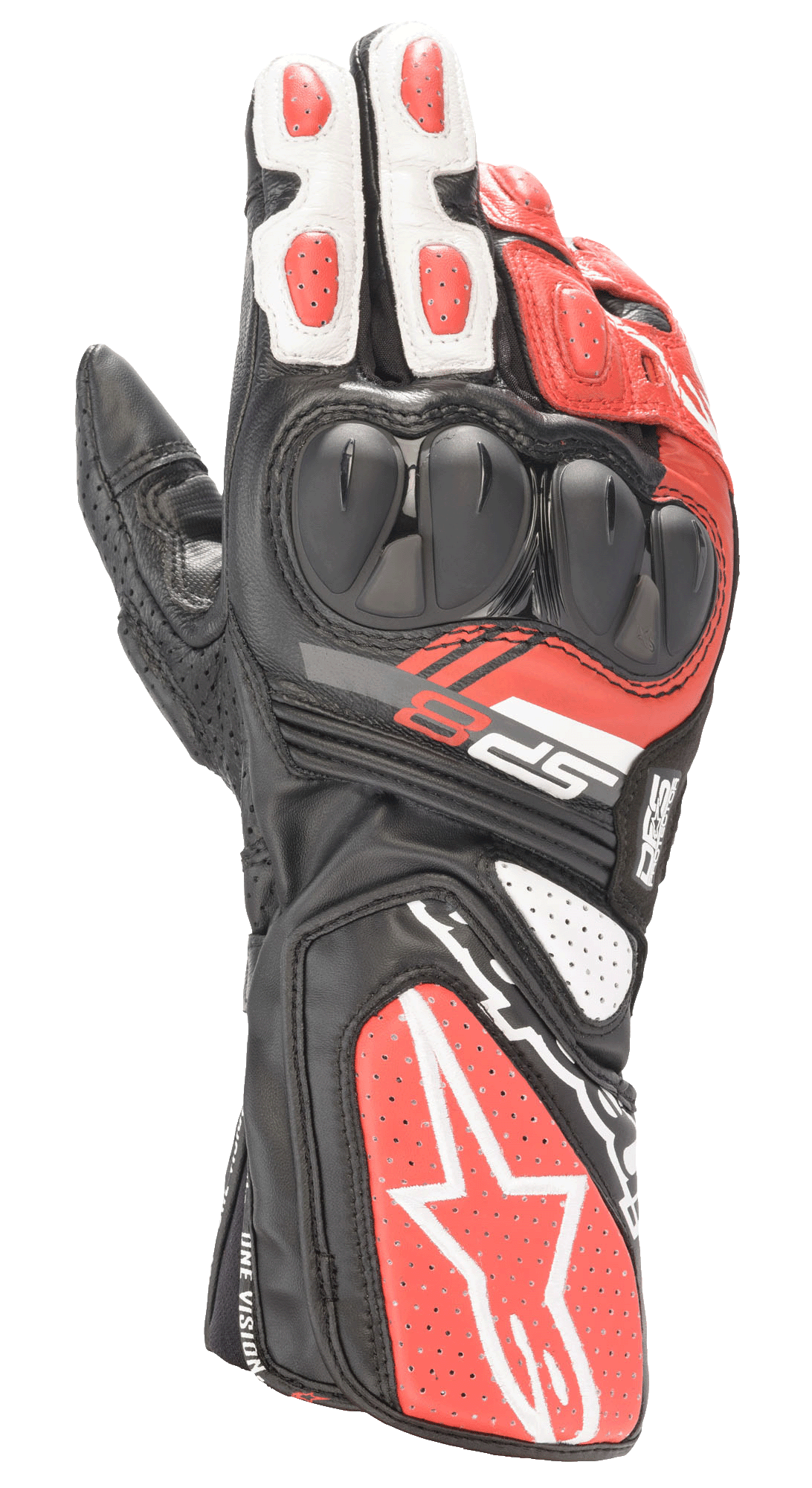 Alpinestars SP-8 V3 handschoenen, motorracehandschoenen, zwart, wit en felrood, met dual-density knokkelbescherming, geperforeerde leren panelen en lange manchet met opvallende Alpinestars-branding, ontworpen voor circuitprestaties en veiligheid op de weg