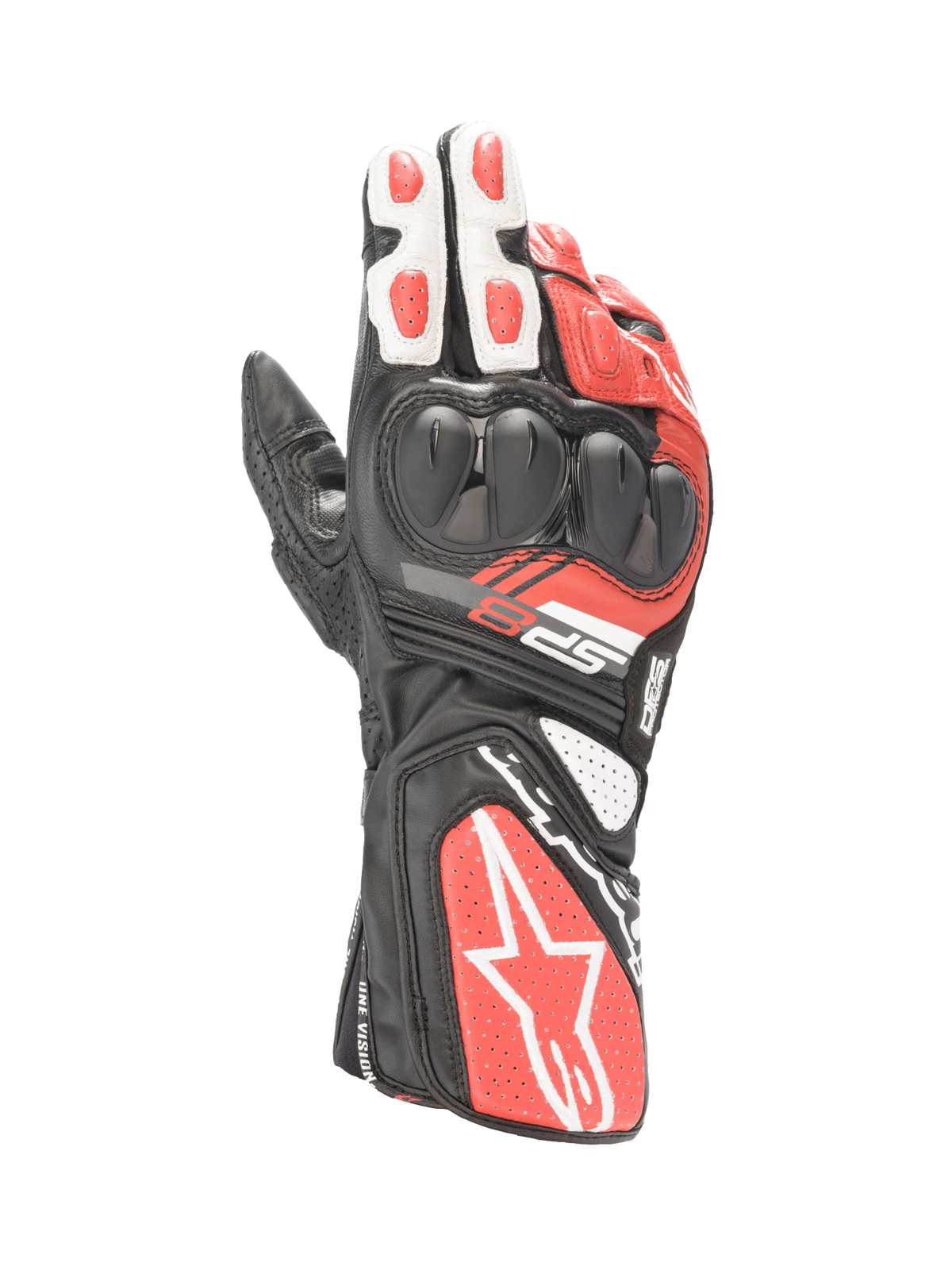 Alpinestars SP-8 V3 Men's Motorcycle Racing Gloves in Black, White, and Bright Red leather with dual-density knuckle protection.