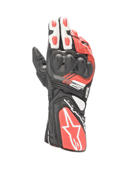 Alpinestars SP-8 V3 Men's Motorcycle Racing Gloves in Black, White, and Bright Red leather with dual-density knuckle protection.