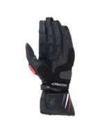 Alpinestars Honda SP-8 V3 herenmotorhandschoenen, palmzijde in zwart leer met rode en blauwe accenten en touchscreen-tip.