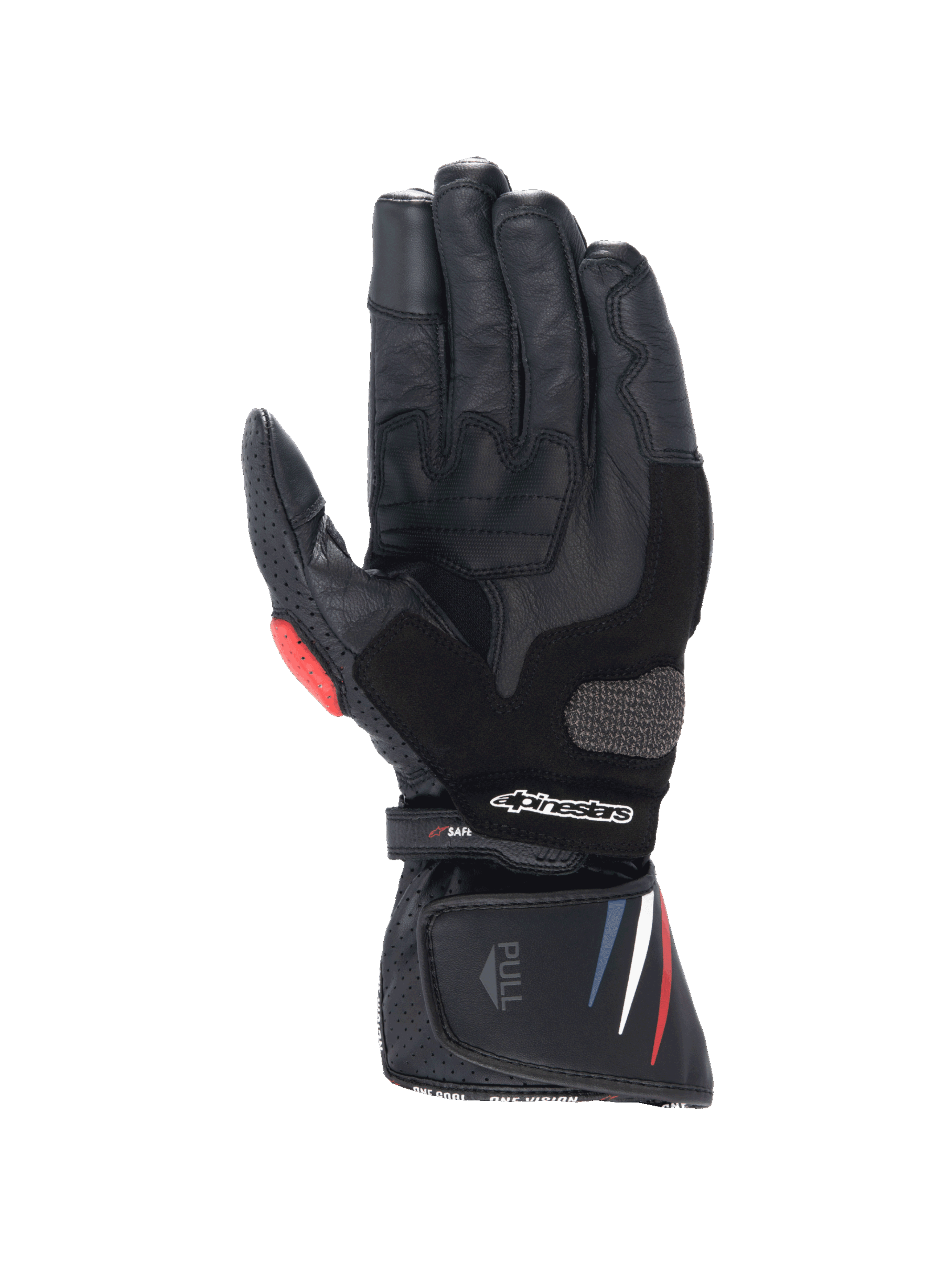 Alpinestars Honda SP-8 V3 herenmotorhandschoenen, palmzijde in zwart leer met rode en blauwe accenten en touchscreen-tip.