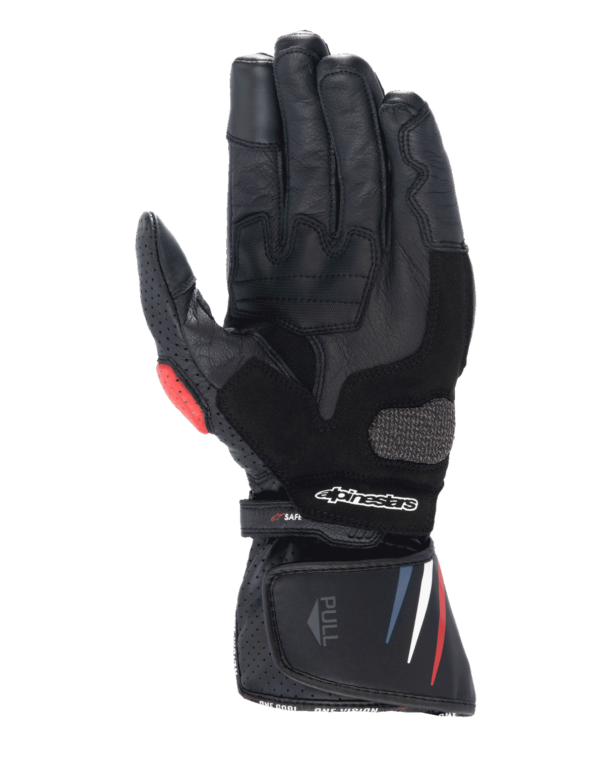 Alpinestars Honda SP-8 V3 handschoenen, motorhandschoenen, zwart met rode en blauwe accenten, handpalmaanzicht met volnerf lederen constructie, versterkte handpalmslider, geperforeerde details en verlengde manchet met Alpinestars-logo.