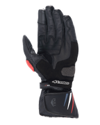 Alpinestars Honda SP-8 V3 handschoenen, motorhandschoenen, zwart met rode en blauwe accenten, handpalmaanzicht met volnerf lederen constructie, versterkte handpalmslider, geperforeerde details en verlengde manchet met Alpinestars-logo.