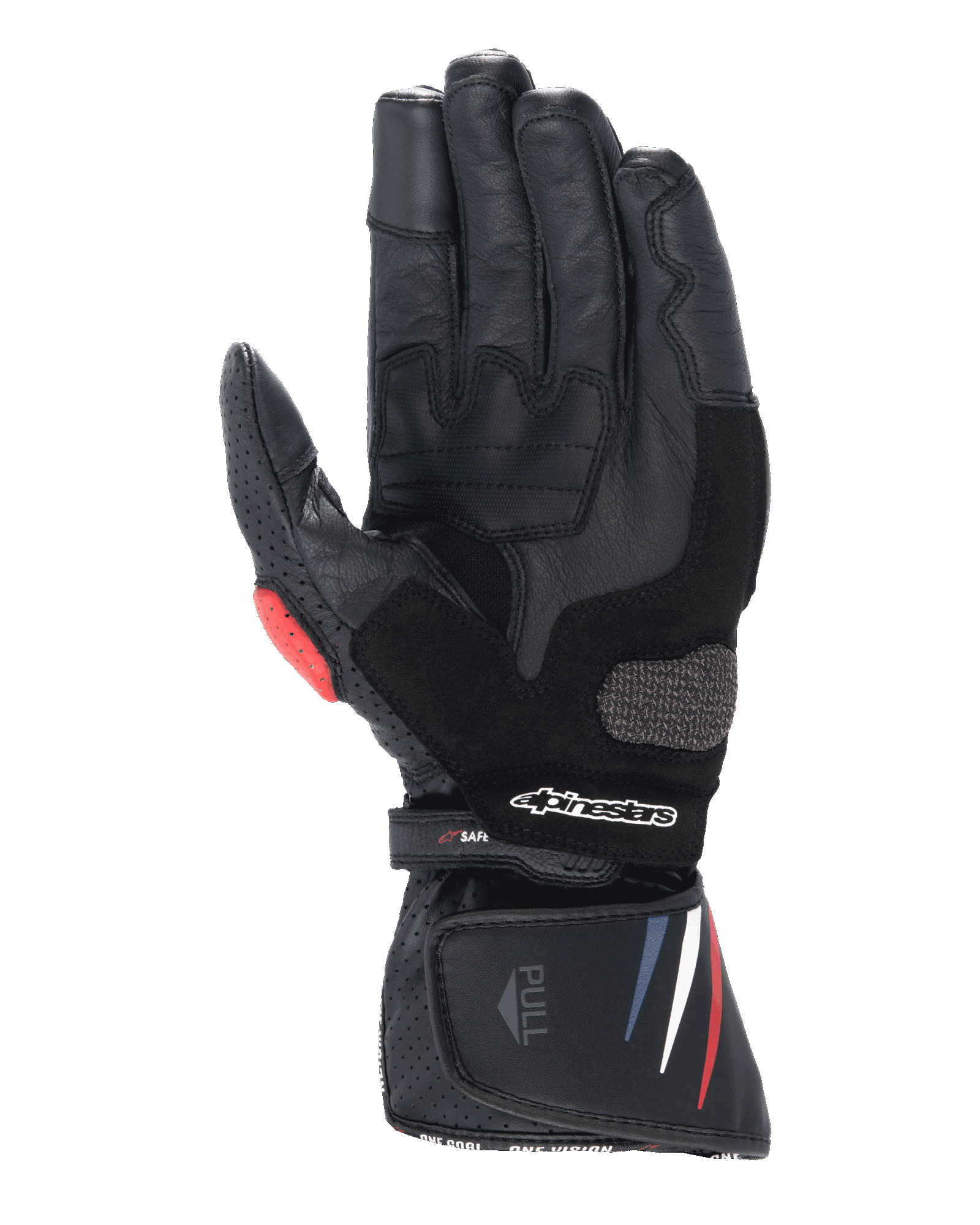Alpinestars Honda SP-8 V3 handschoenen, motorhandschoenen, zwart met rode en blauwe accenten, handpalmaanzicht met volnerf lederen constructie, versterkte handpalmslider, geperforeerde details en verlengde manchet met Alpinestars-logo.