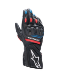 Alpinestars Honda SP-8 V3 handschoenen, herenmotorhandschoenen voor sportief rijden, zwart en rood met blauwe accenten, lederen constructie met knokkelbescherming.