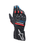 Alpinestars Honda SP-8 V3 handschoenen, herenmotorhandschoenen voor sportief rijden, zwart en rood met blauwe accenten, lederen constructie met knokkelbescherming.