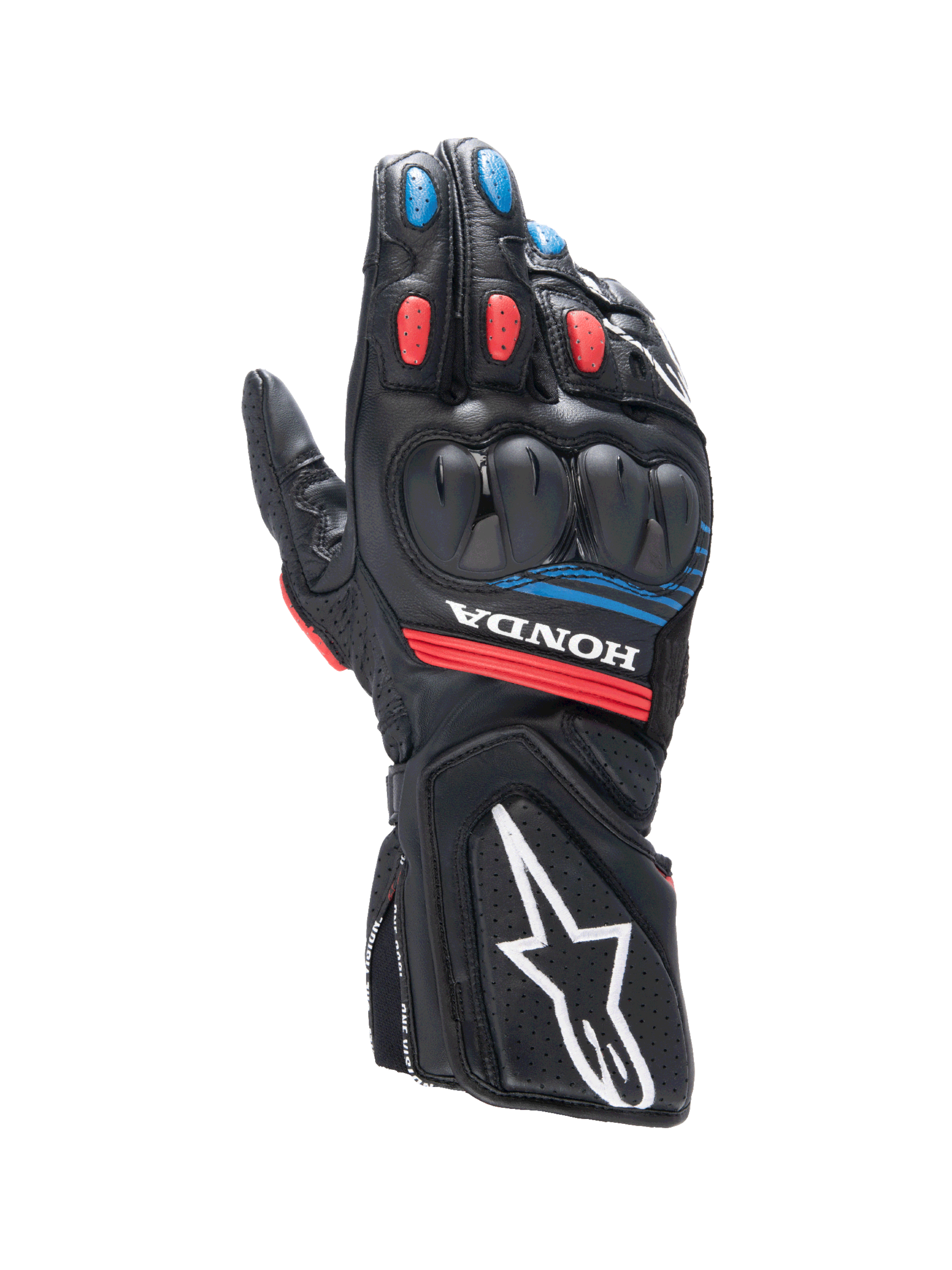 Alpinestars Honda SP-8 V3 handschoenen, herenmotorhandschoenen voor sportief rijden, zwart en rood met blauwe accenten, lederen constructie met knokkelbescherming.