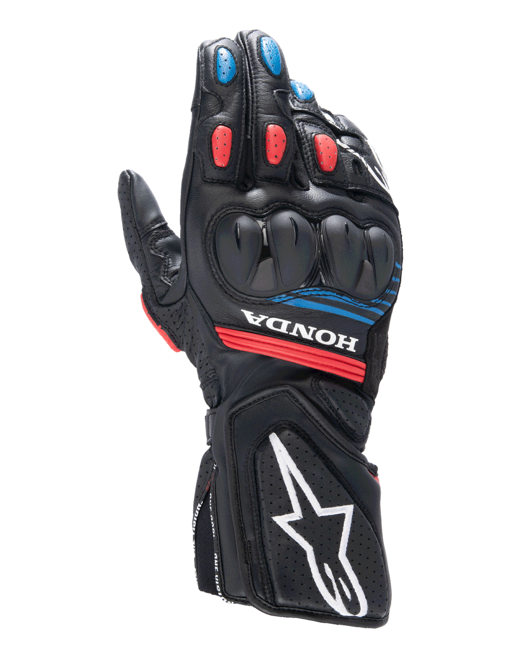 Alpinestars Honda SP-8 V3 motorhandschoenen, racinghandschoenen, zwart met felrode en blauwe accenten, harde dual-density knokkelbescherming, geperforeerde leren constructie, Honda-branding op de pols en een groot wit Alpinestars-logo op de manchet.