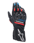 Alpinestars Honda SP-8 V3 motorhandschoenen, racinghandschoenen, zwart met felrode en blauwe accenten, harde dual-density knokkelbescherming, geperforeerde leren constructie, Honda-branding op de pols en een groot wit Alpinestars-logo op de manchet.