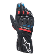 Alpinestars Honda SP-8 V3 motorhandschoenen, racinghandschoenen, zwart met felrode en blauwe accenten, harde dual-density knokkelbescherming, geperforeerde leren constructie, Honda-branding op de pols en een groot wit Alpinestars-logo op de manchet.