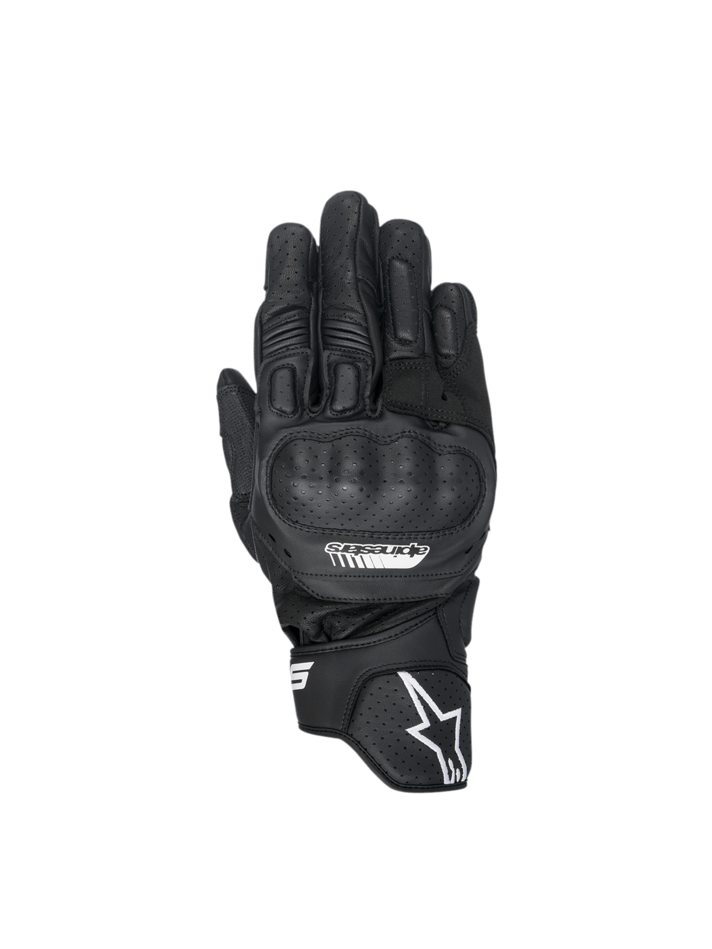 Alpinestars SP-5 handschoenen, zwarte leren motorhandschoenen met polymeer knokkelbescherming en geperforeerde details.